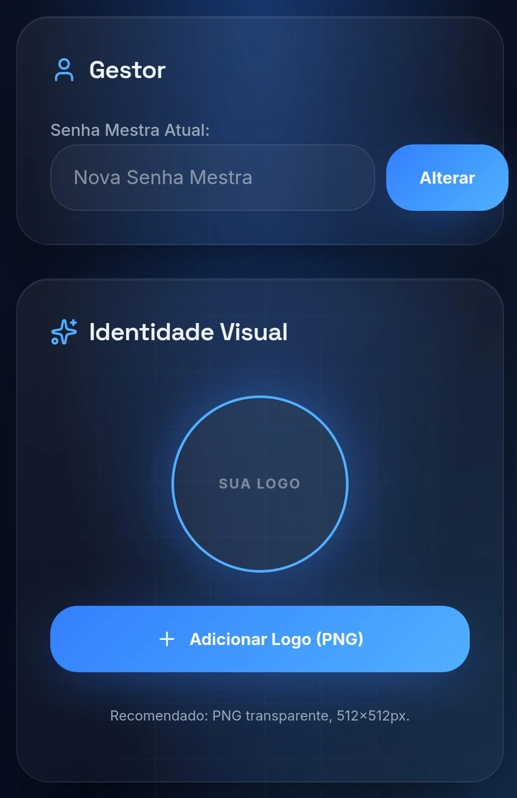 Painel administrativo com configurações de gestor e identidade visual